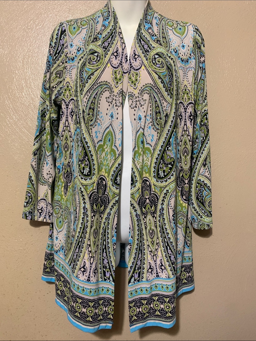 Kasper size S Open-Front Paisley Cardigan - Green, Blue, Black NWT